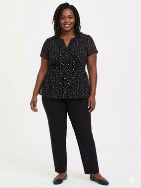 Plus Size Black Sheer Blouse with White Polka Dots & Yellow Lemon Print